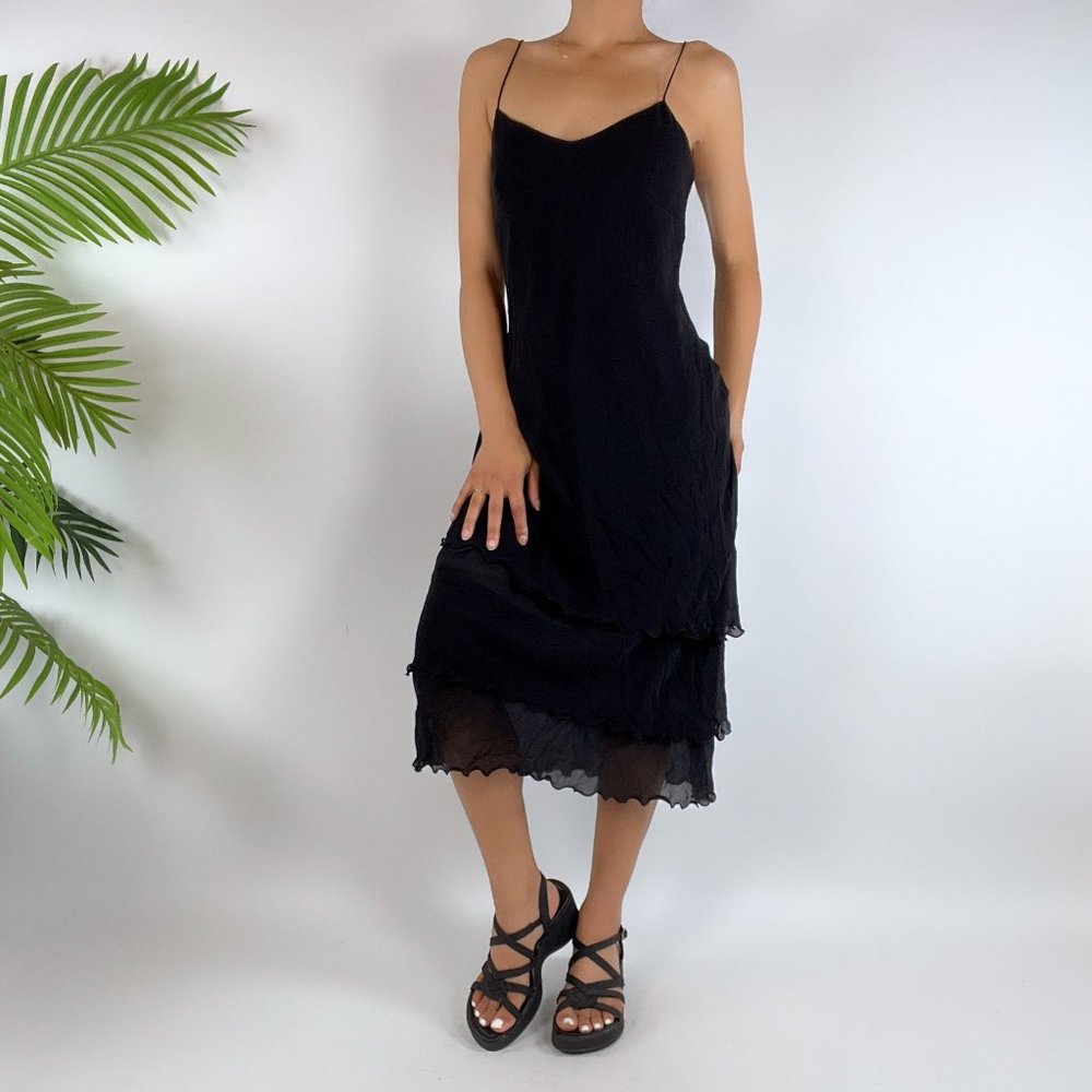 Vintage Y2K Black Whimsigoth Strappy Ruffle Silk Midi Dress / Size: 4